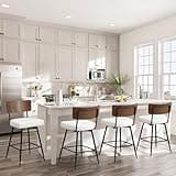 Bekrvio Counter Height Swivel Bar Stools Set of 4, 26" Upholstered Faux Leather Barstools with Wood Backs and Metal Legs, Bar Stool for Kitchen Island, Home Pub, White