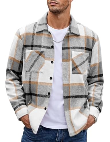 COOFANDY Mens Flannel Shirt Casual Fall Shacket Long Sleeve Plaid Shirt Overshirts Light Gray