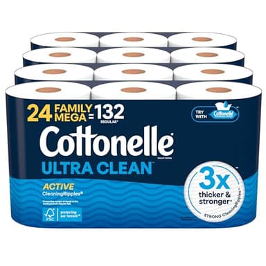 Cottonelle Ultra Clean Toilet Paper with Active CleaningRipples Texture, Strong Bath Tissue, 24 Family Mega Rolls = 132 Regular Rolls (4 Packs of 6)
