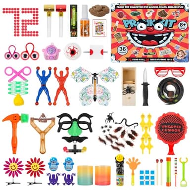 Anyflee 36-Style Prank Kit, 72 Pcs Prank Toys for Adults, Gag Gift Box for Kids, Cool Prank Gifts Stuff for White Elephant, Christmas and April Fools