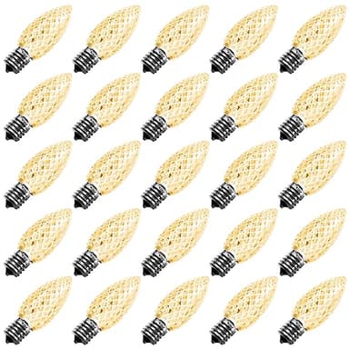 Meconard C9 Led Replacement Christmas Light Bulbs, C9 Shatterproof Led Bulbs for Christmas Indoor Outdoor String Lights,E17 Intermediate Base, Commercial Grade Holiday Bulbs, Warm White, 25Pack