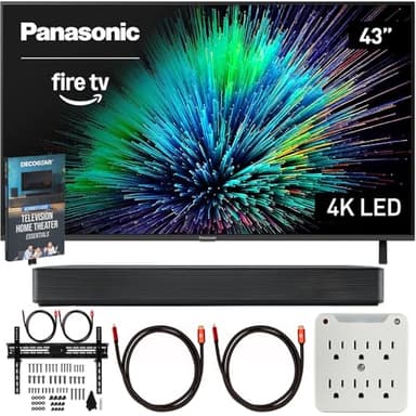 Panasonic TV-43W70BP W70 Series 43 inch LED 4K Ultra HD Smart Fire TV Bundle with Bluetooth Soundbar, TV Wall Mount, 6-Outlet Surge Adapter, Theater Essentials and 2X HDMI Cable