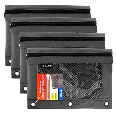 BAZIC PRODUCTS Pencil Pouch for 3 Ring Binder, Zippered Mesh Window Pencil Case with Reinforced Grommets, Durable Binder Organizer for School Supplies or Office Supplies Storage, 4-Pack