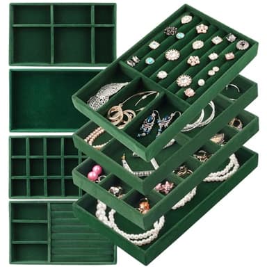 ERLSTE Jewelry Drawer Organizer, 8 Set of Stackable Velvet Organizer Tray, Drawer Inserts for Jewelry Organization, Showcase and Safely Store Your Collection with Elegance and Sophistication (Green)