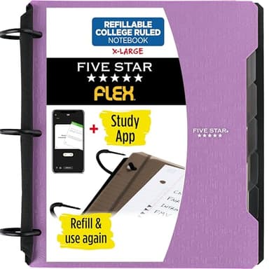 Five Star Flex Refillable Notebook + Study App, College Ruled Paper and 1-1/2 Inch TechLock Ring Binder with Pockets, Tabs and Dividers, 300 Sheet Capacity, Amethyst Purple (29324AB6)