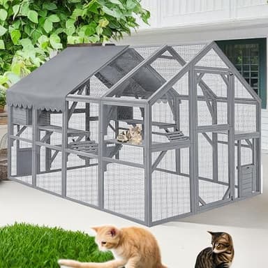 MIRAFIT Catio Outdoor Cat House Enclosure Large for Multiple Cats, Wooden Cat Cage Condo for Outside with Waterproof Roof, Resting Box, Platform, Playpen, Bridges, Doors, 111”x74”x74”, Gray