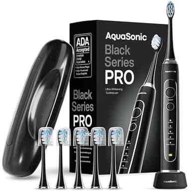 Aquasonic Black Series PRO – Ultra-Whitening Electric Toothbrush – 5 Modes & Smart Timers – Premium Travel Case & 6 Proflex Brush Heads – ADA Accepted Toothbrush