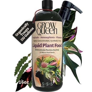 Grow Queen Organic Liquid Indoor Plant Food, Houseplant, Tropical & All-Purpose Indoor Plant Fertilizer, Organic Liquid Fertilizer 5-5-5 with Sea Kelp, 16oz Treats 110 Gallons