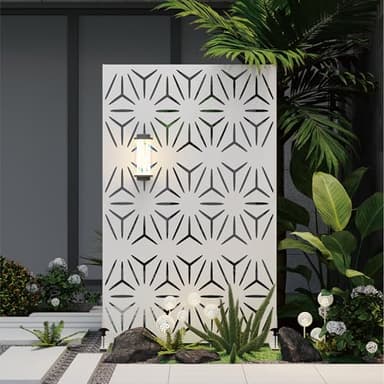 Heavy-Duty Outdoor Privacy Screen for Patio, Balcony, Backyard - 72" H * 44" W Metal Room Divider with Modern Geometric Pattern, Anti-Tipping Kit, Weather Resistant, Easy Assembly (White-SJX)