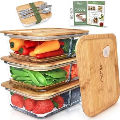 EcoPreps Glass Meal Prep Containers with Bamboo Lids, 2 Compartment Glass Bento Box Container Set (3 Pack) | 100% Plastic Free, Eco-Friendly, Lunch Containers with Lids Made of Bamboo - Set of 3