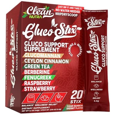 Clean Nutraceuticals Ceylon Cinnamon Powder, Green Tea Extract, Glucomannan, Berberine Supplement, Chromium Picolinate, Apple Cider Vinegar – Rainbow Sherbet Powder Sticks - 20 Count