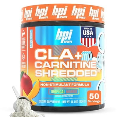 BPI Sports CLA + Carnitine Shredded - Convert Fat Cells Into Energy and Supports Lean Muscle, Boost Metabolism - Non-Stimulant L-Carnitine Supplement - Tropical Mango (14.1 oz. / 50 Servings)