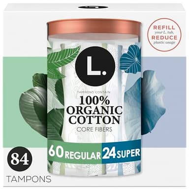 L. Cotton Tampons Regular/Super Absorbency Multipack, Contains an Organic Cotton Core, Made Without Synthetic Pesticides, or Fragrances, 84 Count (2 Packs of 42)
