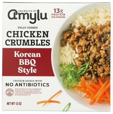 Amylu Foods Korean BBQ Style Chicken Crumbles, Natural Ingredients, 13g of Protein, GAP Certified Chicken Raised with No Antibiotics, Fully Cooked, Gluten-Free, Pork-Free, No Nitrates or Nitrites, 12 oz