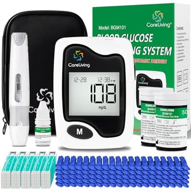 CareLiving BGM101 Blood Glucose Monitor Kit, 100 Test Strips, 100 Lancets, 1 Blood Glucose Meter, 1 Lancing Device, Diabetes Testing Kit, Portable Blood Sugar Test Kit, Glucometer Kit for Home, black