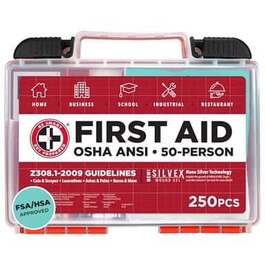 Be Smart Get Prepared OSHA/ANSI First Aid Kit - 50 Person, 250 Pieces - Designed for Home, Business, School, Industrial, and Restaurants - Compact & Portable