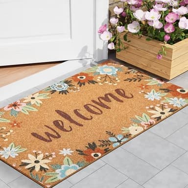 Door Mat Welcome Outdoor Mat: Artificial Coir Doormat for Outdoor Outside Indoor Entrance - Front Door Mats Non-Slip Backing Washable Fall Mat for Home Porch Entry (Floral Welcome Matt, 17"x 30")