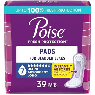 Poise Incontinence & Postpartum Pads for Bladder Leaks, 7 Drop Ultra Absorbency, Long Length, 39 Count, Packaging May Vary