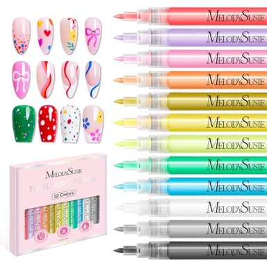 MelodySusie Nail Art Pens Set, 12 Colors 0.7MM Nail Polish Pens for Nail Art, Nail Dotting Tool, Drawing Pen for Nail Design, Manicure Nail Pens for Salon and DIY at Home