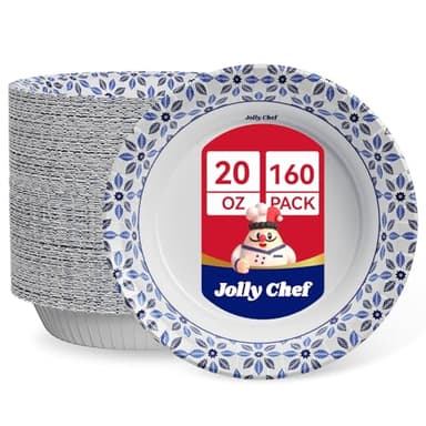 JOLLY CHEF 160 Count Paper Bowls 20 oz Soak Proof, Heavy Duty Printed Disposable Bowls Bulk for Dinner or Lunch
