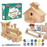 Kraftic Woodworking Building Kit for Kids and Adults, 2 Educational DIY Carpentry Construction Wood Model Kit Toy Projects for Boys and Girls - Build a Wooden Town Hall Birdhouse and Train