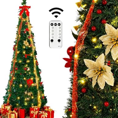 6ft Pop Up Prelit Christmas Tree with Remote, Collapsible pre lit Artificial Christmas Tree with Already Decorated Pull Up 100 White Lights Red&Gold Ribbon, Bows for Christmas Holiday Party Decor