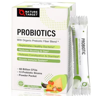 NATURE TARGET Probiotics for Women-Men-Kids Probiotic Powder 60 Billion CFUs 13 Strains - Prebiotics and Probiotics for Digestive Health, Shelf Stable, Non-GMO, Gluten Free 30 Packets