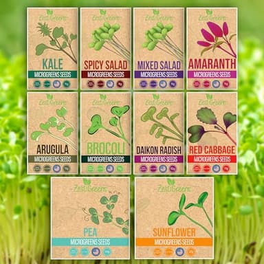 10 Variety Pack Microgreens Seeds - Broccoli, Sunflower, Pea, Salad Mix, Daikon Radish, Kale, Amaranth, Spicy Salad, Red Cabbage, & Arugula. Grow Your own Microgreens with These Organic Seeds.