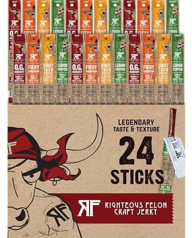 Righteous Felon Variety Meat Sticks | 100% Grass Fed Beef, Turkey & Pork | 210g Total Protein | Gluten-Free, Low Sugar, High Protein Snack Sticks | Individually Wrapped | Jerky Variety Pack, 24 Count