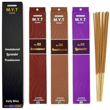 M.Y.T Natural Incense Gift Set – Sandalwood, Lavender, Frankincense – Long-Lasting, Low Smoke – Relaxation, Meditation, Odor Removing – 25g x 3 Packs