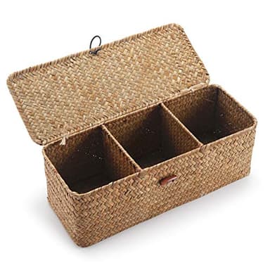 Seagrass Tank Basket with Lid Woven Toilet Roll Storage Basket with Sections Rectangular for Organize Snack Toys Tampon (Large Compartment 16.5inch L x 5.5inch W x 5.5inch H) Natural