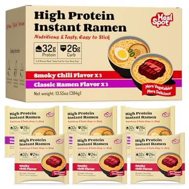 Healspot High Protein Instant Ramen Variety Pack, 6 Pack Non Fried Ramen Broth, 32g Plant Based Protein, Low Fat, Low Carb, Non GMO, Keto Friendly & Plant Based (Smoky-Beef,Classic-Pork)