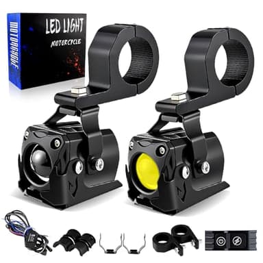 APMAT Motorcycle Lights LED Auxiliary Spotlights Driving Fog Light, with Mount Brackets 7 Modes White/Amber Dual Color Strobe Switchback for Motorcycle Electric Bike, 2PCS