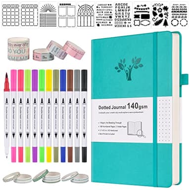 Bullet Dotted Journal Kit, 140gsm Hardcover A5 Dotted Journal with 188 Numbered Pages＆3 Index, 12 Brush Pens Dual Tip, 10 Stencils＆14 Washi Tape, Journaling Supplies for Scrapbooking Lovers, Teal