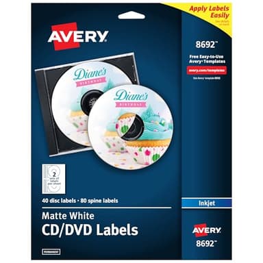 Avery Printable CD Labels, Matte White, Permanent Adhesive for Inkjet Printers, Includes 40 CD & 80 Spine Sticker Labels to Write On (8692)