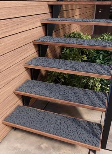 FINEHOUS Outdoor Stair Treads Non-Slip 42”x10” (6-Pack) – Carpet Treads with Rubber Backing Floral Grey