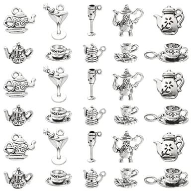 DanLingJewelry 100Pcs 10 Styles Antique Silver Afternoon Tea Theme Charms Tea Cup and Teapot Coffee Mug Charms DIY Jewelry Making