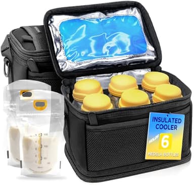 FreezeN'Go Breast Milk Cooler Travel Bag (6 Built-in Ice Packs) Designed for 5oz Medela Express Baby Bottles and Breastmilk Storage Bags - Freezable Insulated Tote with Handle and Padded Strap
