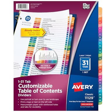 Avery 1-31 Dividers for 3 Ring Binders, 31 Tabs per Set, Customizable Table of Contents, Multicolor Tabs, Great for Organizing Reports, Projects, and More (11129)