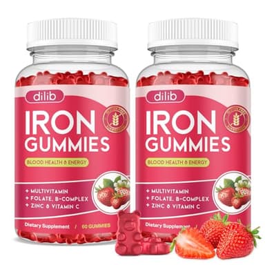 2 Pack Iron Gummies with Multivitamin, Iron Supplement for Women & Men with Zinc, Vitamin B Complex & C, B12, Folate - Blood Builder & Energy Support for Adults & Kids - Strawberry Flavor, Vegan 120ct