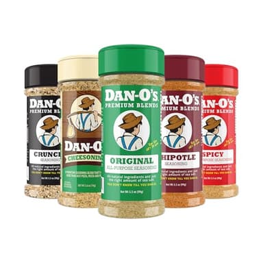 Dan-O's 5 Bottle Seasoning Set, Small Bottles, 5 Pack, Includes Original, Spicy, Chipotle, Crunchy and Cheesoning Seasonings, Sugar Free, Zero Calorie, All-Purpose Seasoning Kit