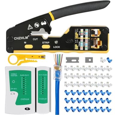 RJ45 Crimp Tool Kit Pass Through Crimper RJ45 Crimping Tool Stripper Cutter Crimper All-in-One for 8P RJ45 Cat5 Cat5e Cat6 6P RJ11/12 Telephone Connectors Network Enthernet Crimper kit