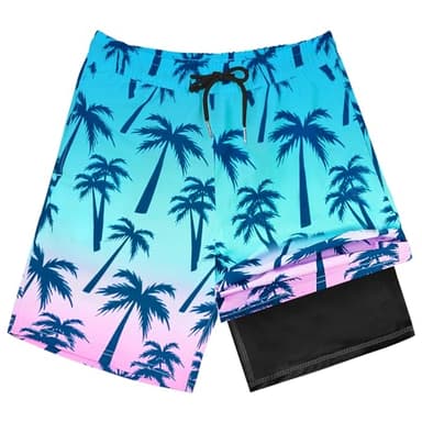 OlyPegic Boys Swim Trunks Size 10-12, Boy Swim Shorts Boy Bathing Suit Swimsuit Kids Swimwear Board Shorts with Boxer Brief Liner Compression Toddler Beach Running Swim Trunks (Coconut Tree)