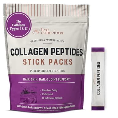 Live Conscious Collagen Peptides Powder Unflavored Packets - Hydrolyzed Collagen Powder - Hair, Skin, Nail, & Joint Support - Type I & III Grass-Fed Collagen Supplements for Women and Men - Pack of 20