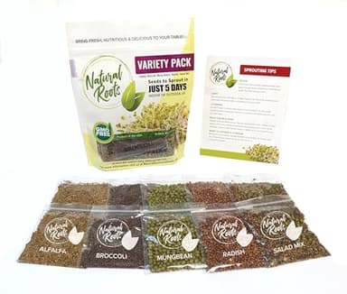 Variety Pack Sprouting Seeds Broccoli, Alfalfa, Radish, Mung beans & Salad Mix for Sprouts and Microgreens. Non-GMO. Pack of 10 premeasured seeds for quart size jars or trays. Includes 2 packs of each