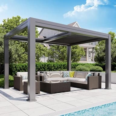 MELLCOM Electric Retractable Pergola 10x13, Aluminum Motorized Louvered Pergola, 2 Independent Adjustable Louvers, Integrated Drainage System, Dark Gray