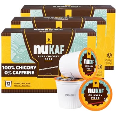 nuKAF Chicory Coffee K Cups, 100% Caffeine Free Coffee Alternative, All Natural K Pods for your Keurig, Great for Your Daily Drink, Rich in Prebiotics, Kosher, by Gourmanity (3 boxes of 12 pods each - 36 total pods)