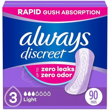 Always Discreet Adult Incontinence Pads for Women, Drier vs Poise, 3 Drop Regular Length, Light Absorbency, Pads for Bladder Control Management, Bladder Leaks, & Postpartum Pads, 90ct