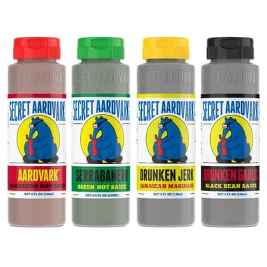 Secret Aardvark Hot Sauce Variety Pack - Serrabanero, Drunken Jerk, Drunken Garlic and Habanero Hot Sauce, Low Carb, Hot Sauce & Marinade Gift Set - 8 fl oz 4 Pack