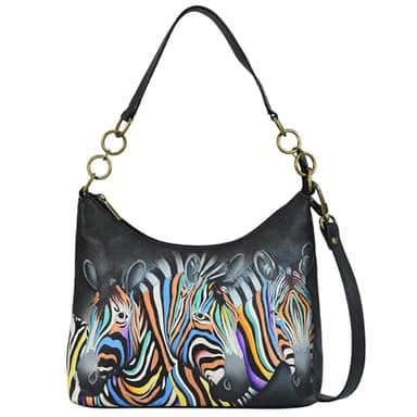 Anna by Anuschka Women's Original Hand-Painted Genuine Leather Hobo Shoulder Bag - Midnight Zebra